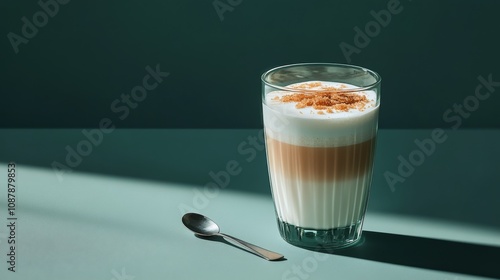 Creamy latte served in a glass with a spoon on a table in soft morning sunlight