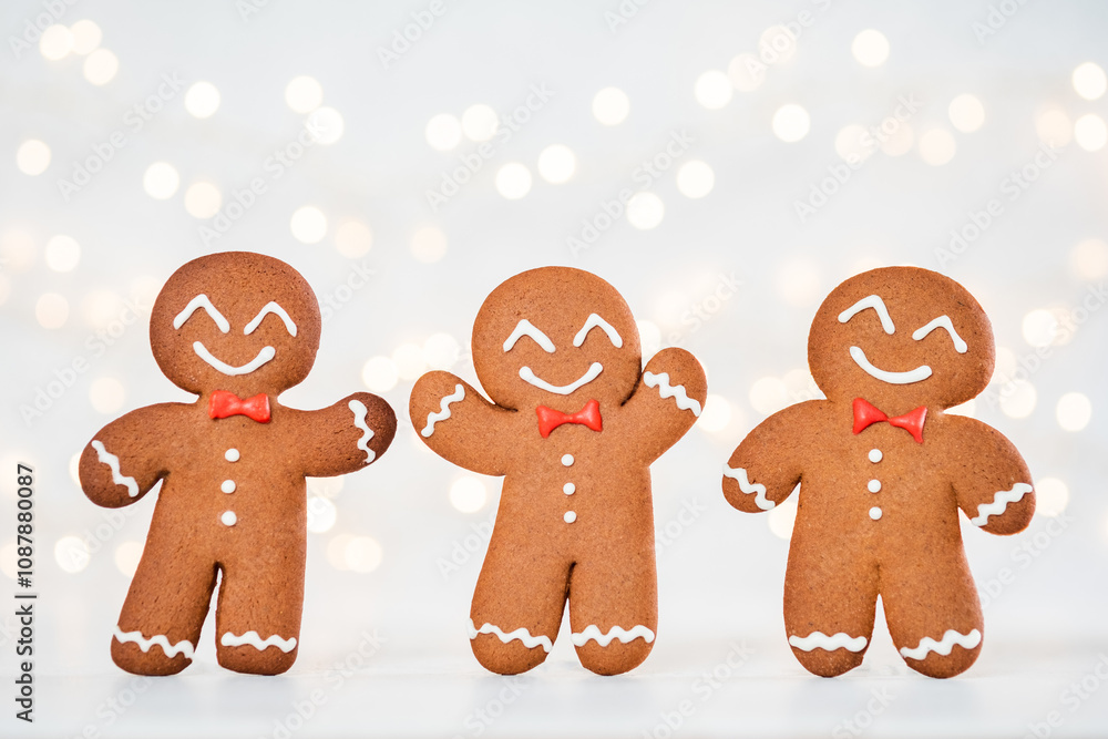 Fototapeta premium Three gingerbread men are smiling and wearing bow ties