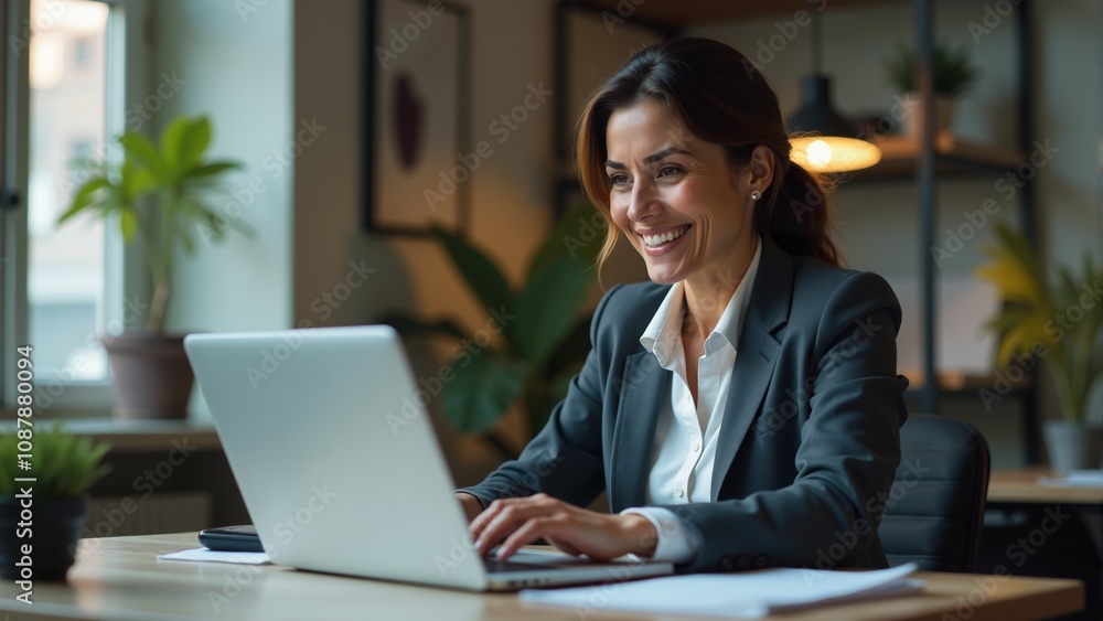 Professional woman smiling while working on a laptop in a modern office during daytime hours Professional woman smiling while working on a laptop in a modern office during daytime hours
