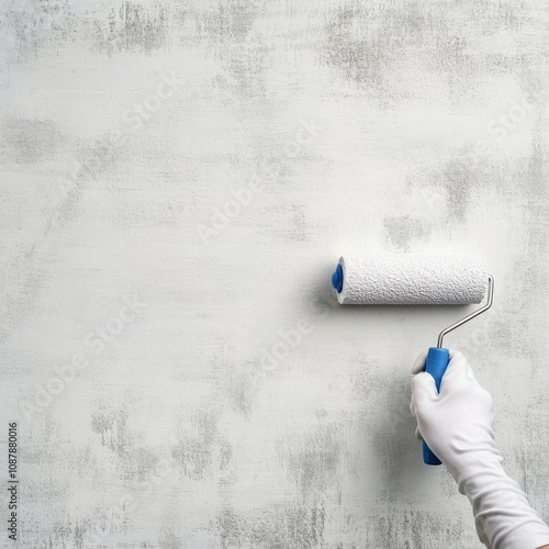 Hand applying gray paint to wall using a roller in a home renovation project