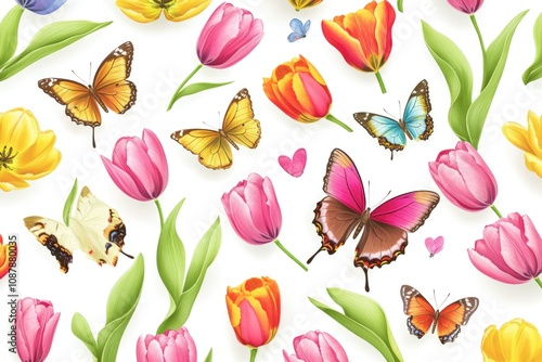 Colorful tulips and butterflies on a clean white background, ideal for design and advertising projects photo