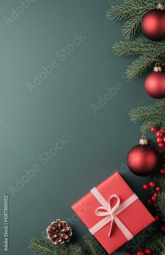 Cozy holiday decoration featuring a red gift box, ornaments, and pine branche...