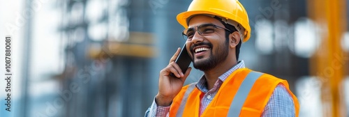 Smiling construction worker talks on mobile phone at building site during day...