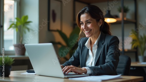 Professional woman smiling while working on a laptop in a modern office during daytime hours