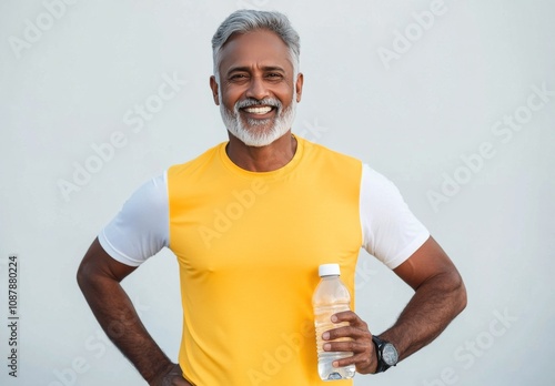 Happy older man in bright yellow shirt holding two water bottles in a fitness...