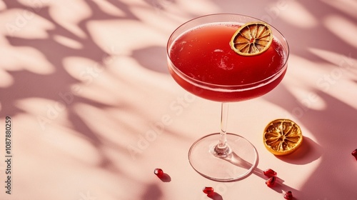 Bright red cocktail garnished with dried lime on a light pink surface with sh...