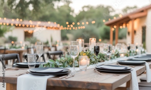 Elegant outdoor table setting with greenery and fine dining elements for a sp...