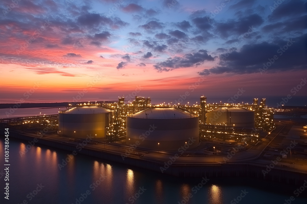 Obraz premium LNG Tank Farm with Cooling Towers Reflecting Sunset