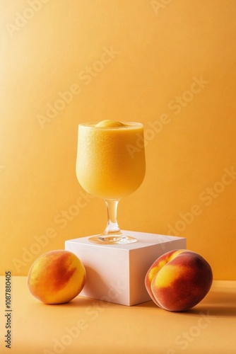 Refreshing peach smoothie in a glass with fresh peaches on a minimalistic tab...
