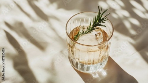 A refreshing cocktail with ice and rosemary served on a soft surface in natur...