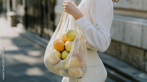 A woman with curly hair carries a mesh bag filled with fresh bread and fruits...