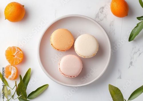 Colorful macarons on a plate with citrus fruits and greenery in a bright kitc...