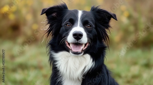 A black and white dog sits peacefully in a green field