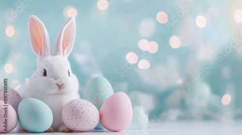 Cute fluffy bunny with pastel eggs surrounded by blooming flowers in spring setting