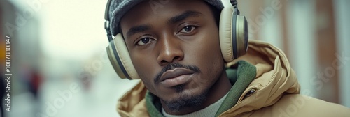 Young man relaxing with headphones in urban setting during daytime