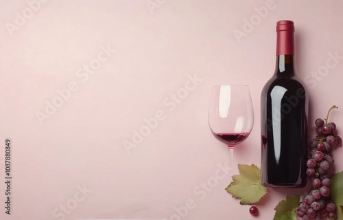 Red wine bottle and glass with grapes on a pastel pink background during a ca...