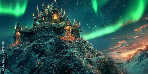 Mystic Viking temple on a snowy peak, surrounded by dragons, with Viking priests performing ancient rituals, northern lights illuminating the night sky, 4K Video