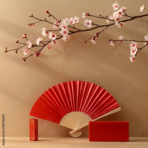 Elegant red fan and decorative box with blossoms on a soft background
