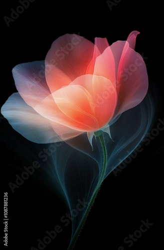 Softly glowing pink lotus flower with ethereal wisps of light on a dark backg...