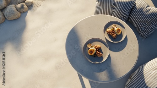 A quiet beachside table set for breakfast with delicious pastries during the ...