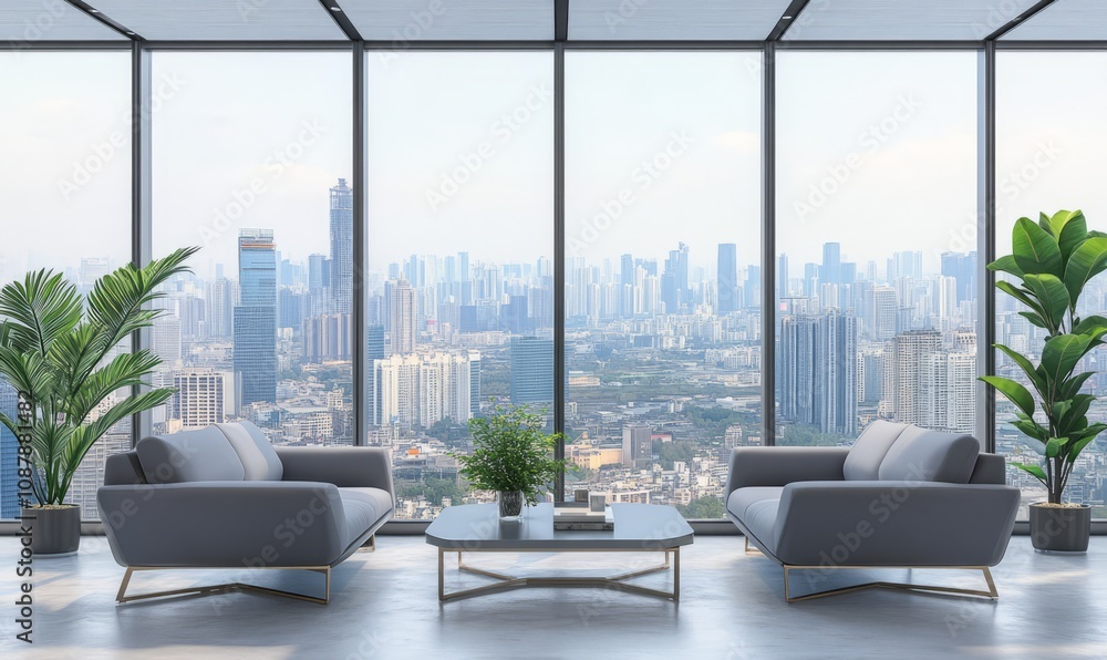 Contemporary living room with panoramic city view. Features modern furniture, large floor-to-ceiling windows, potted plants, and a sleek design Contemporary living room with panoramic city view. Features modern furniture, large floor-to-ceiling windows, potted plants, and a sleek design