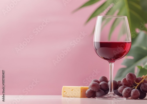 A glass of red wine beside a cheese platter with grapes on a pink table