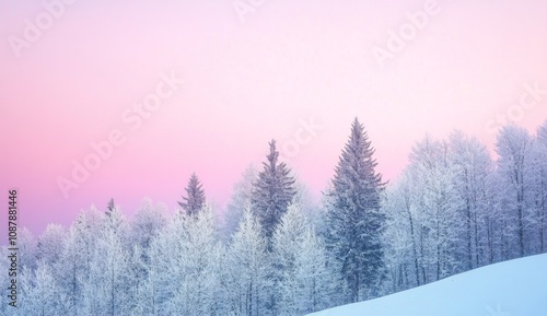 Winter morning landscape with snow covered trees and a pastel sky at dawn