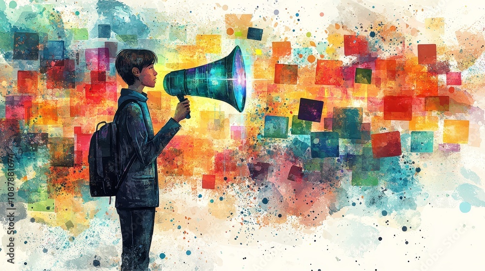 Obraz premium A young person stands with a megaphone, surrounded by vibrant colors and abstract shapes, symbolizing communication and creativity.