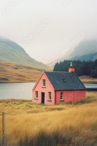A quaint pink cottage by the serene lake surrounded by mountains in a misty l...