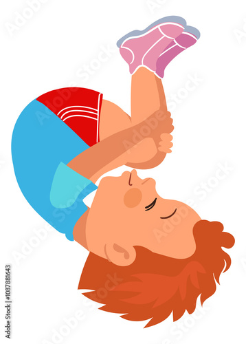 Foto Kid somersault. Active boy. Playful cartoon child