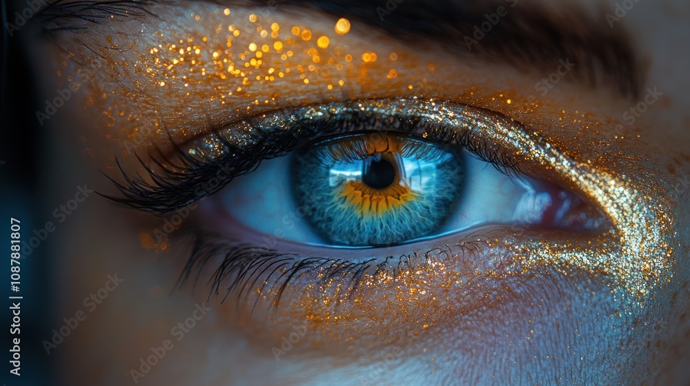 A close-up of a blue eye with gold glitter makeup. A close-up of a blue eye with gold glitter makeup.