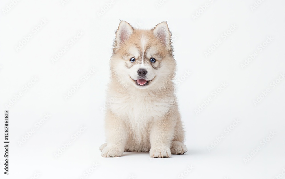 Cute fluffy puppy with blue eyes sitting on white background, looking playful and curious, perfect for animal lovers and pet enthusiasts Cute fluffy puppy with blue eyes sitting on white background, looking playful and curious, perfect for animal lovers and pet enthusiasts