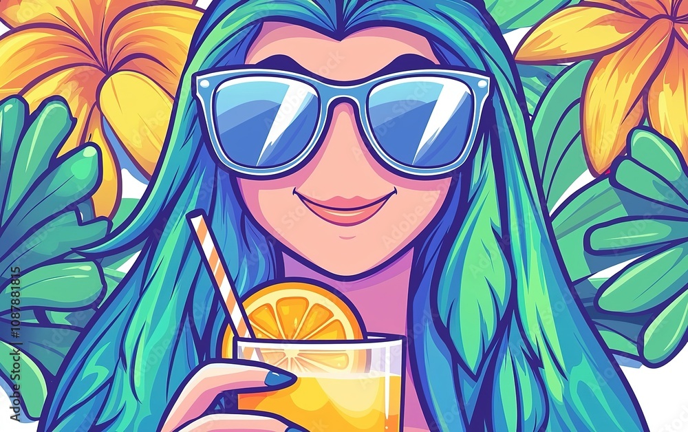 Naklejka premium A girl with vibrant blue hair enjoys a refreshing drink surrounded by tropical leaves and flowers on a sunny day