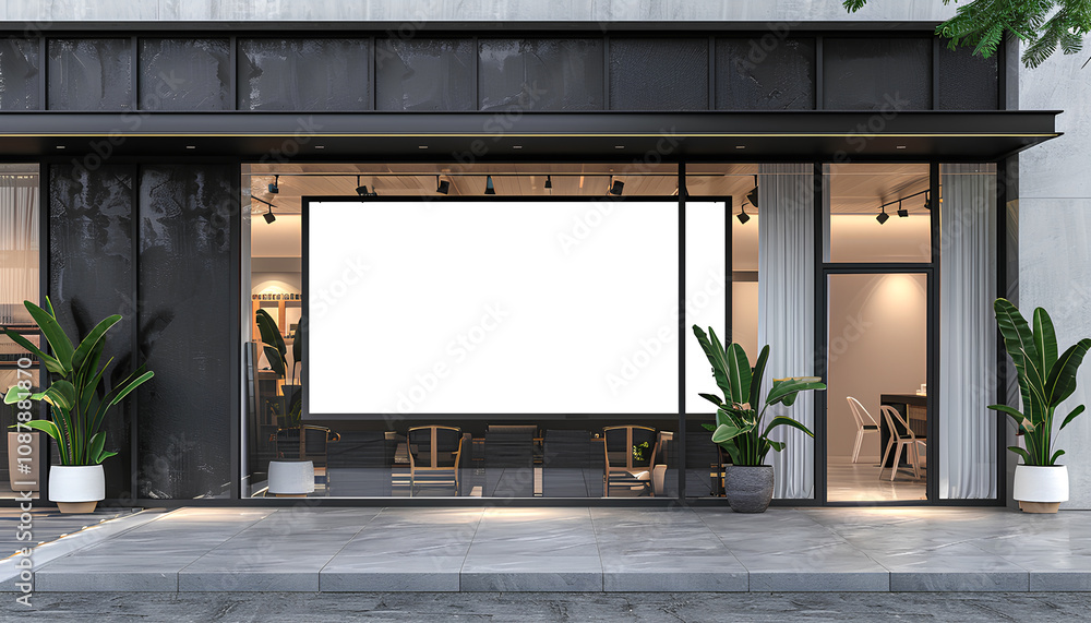 Obraz premium Stylish store facade with blank sign outdoors. Advertising board design