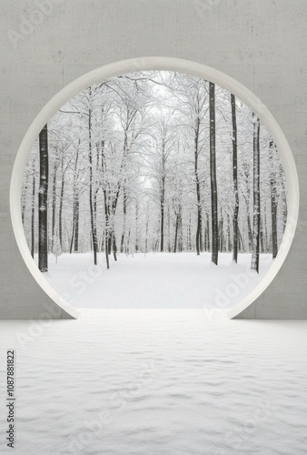 A round window framing a serene winter landscape with snow covered trees and ...