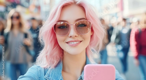 Young woman with pink hair takes a cheerful selfie in a vibrant outdoor city ...