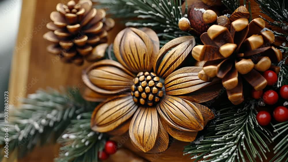 Detailed texture of a wooden Christmas ornament, with rustic carvings and a natural wood grain finish. . 4K Video Detailed texture of a wooden Christmas ornament, with rustic carvings and a natural wood grain finish. . 4K Video