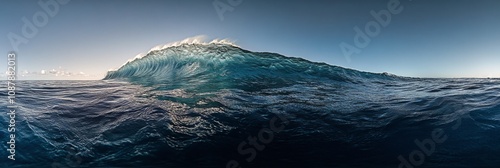 Majestic ocean wave crashing at sunset near tropical shoreline