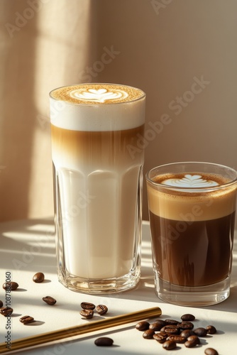 Coffee beverages served on a table with beans in sunlight, creating a warm at...