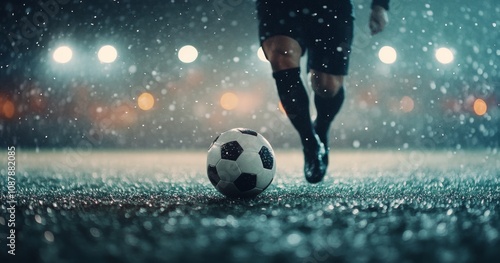 Player kicks a soccer ball on a rainy day in an outdoor field during a traini...