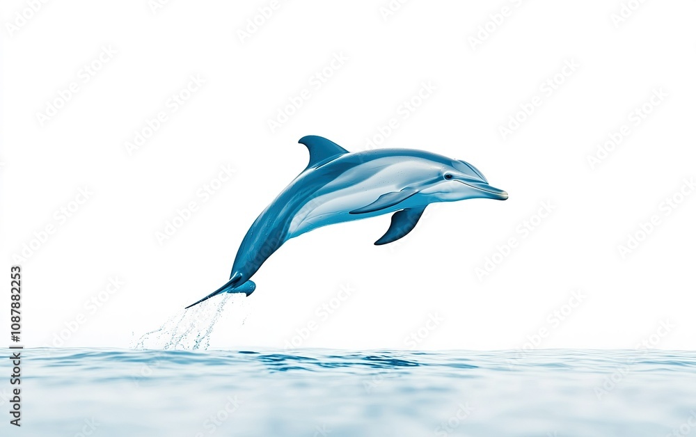 Obraz premium A playful dolphin leaps above the calm ocean surface on a bright sunny day, showcasing its agility and grace in the water