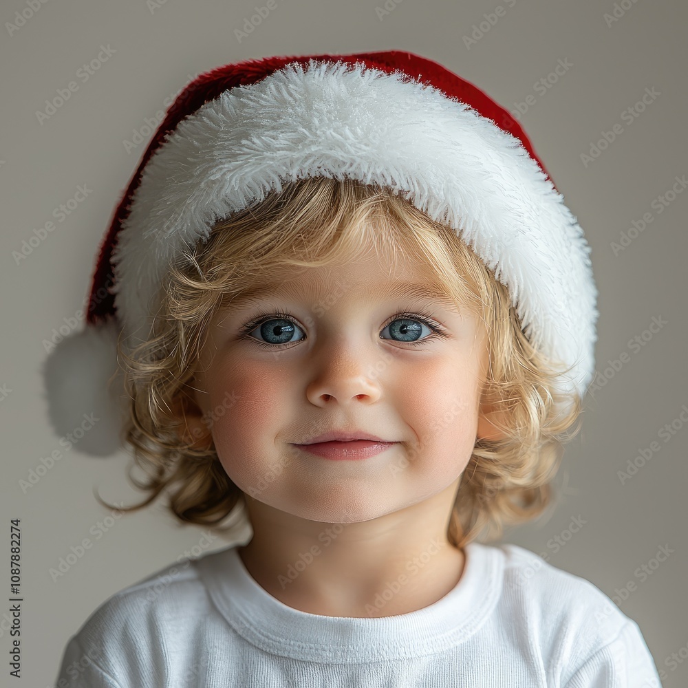A charming toddler with blond curls gazes directly at the camera wearing a classic red and white Santa hat. The child's expression is peaceful and joyful, radiating holiday spirit A charming toddler with blond curls gazes directly at the camera wearing a classic red and white Santa hat. The child's expression is peaceful and joyful, radiating holiday spirit