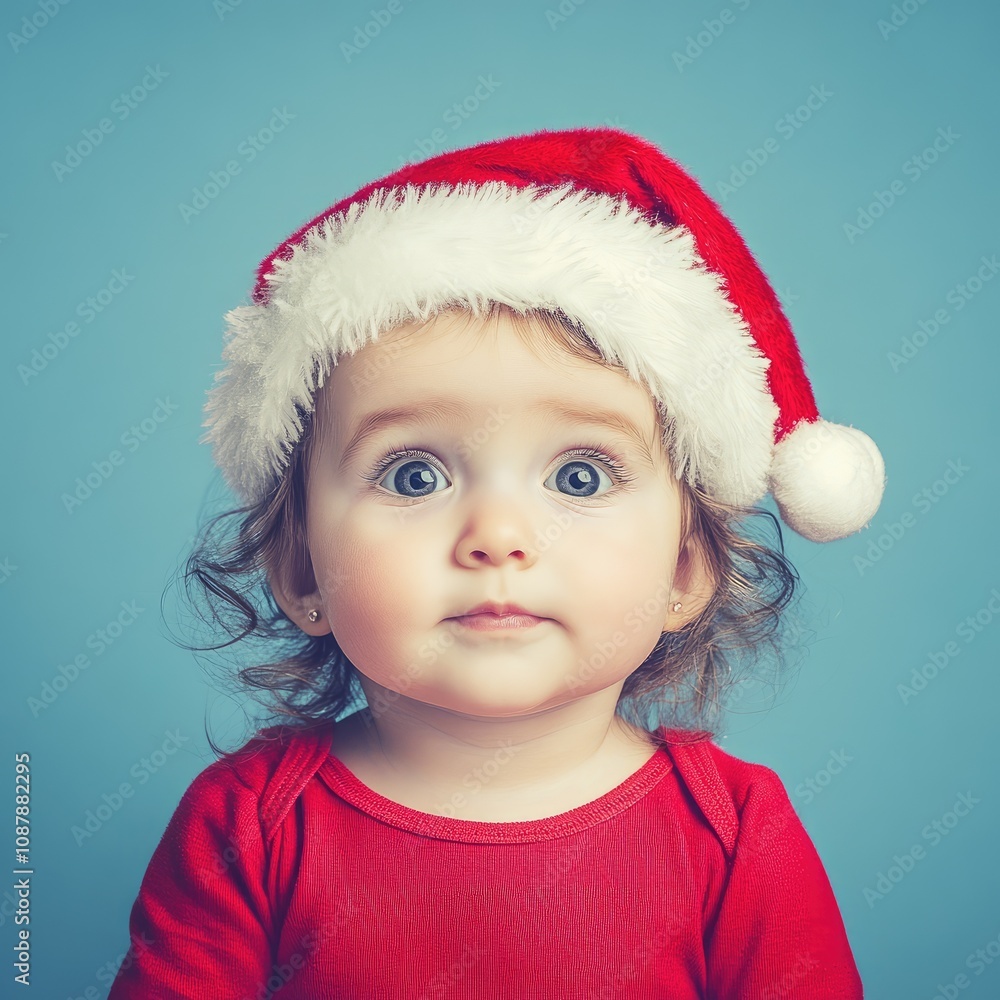 Charming little one wears a bright red Santa hat and a cozy red outfit, radiating warmth and innocence, ideal for celebrating the holiday spirit in festive communications and marketing Charming little one wears a bright red Santa hat and a cozy red outfit, radiating warmth and innocence, ideal for celebrating the holiday spirit in festive communications and marketing