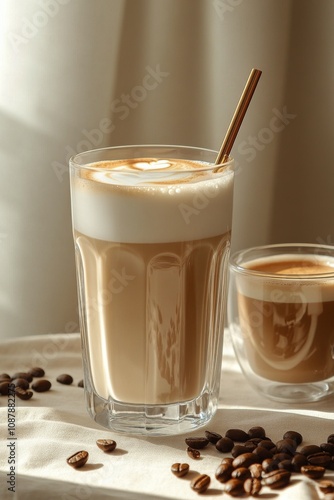 Coffee beverages served on a table with beans in sunlight, creating a warm at...