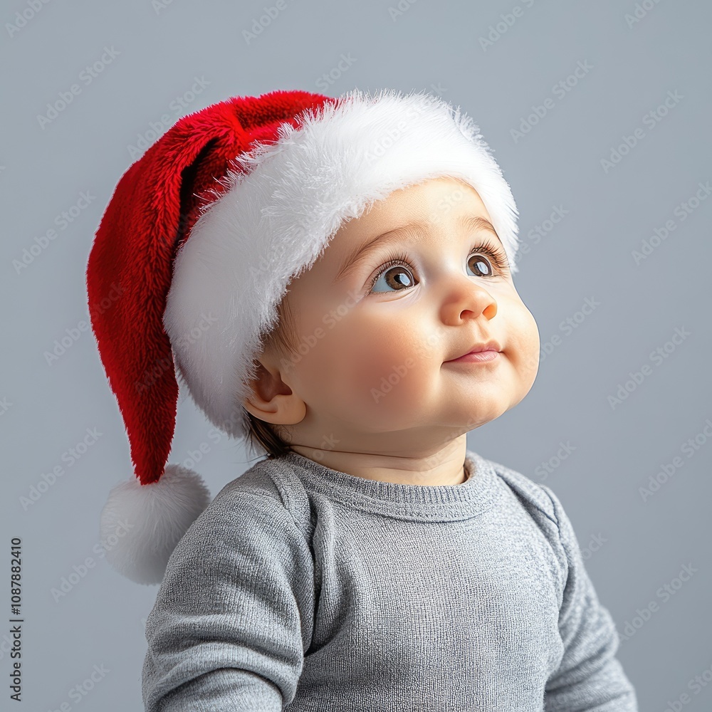 A child wearing a bright red Santa hat looks up with sparkling eyes, embodying the joy and magic of Christmas A child wearing a bright red Santa hat looks up with sparkling eyes, embodying the joy and magic of Christmas