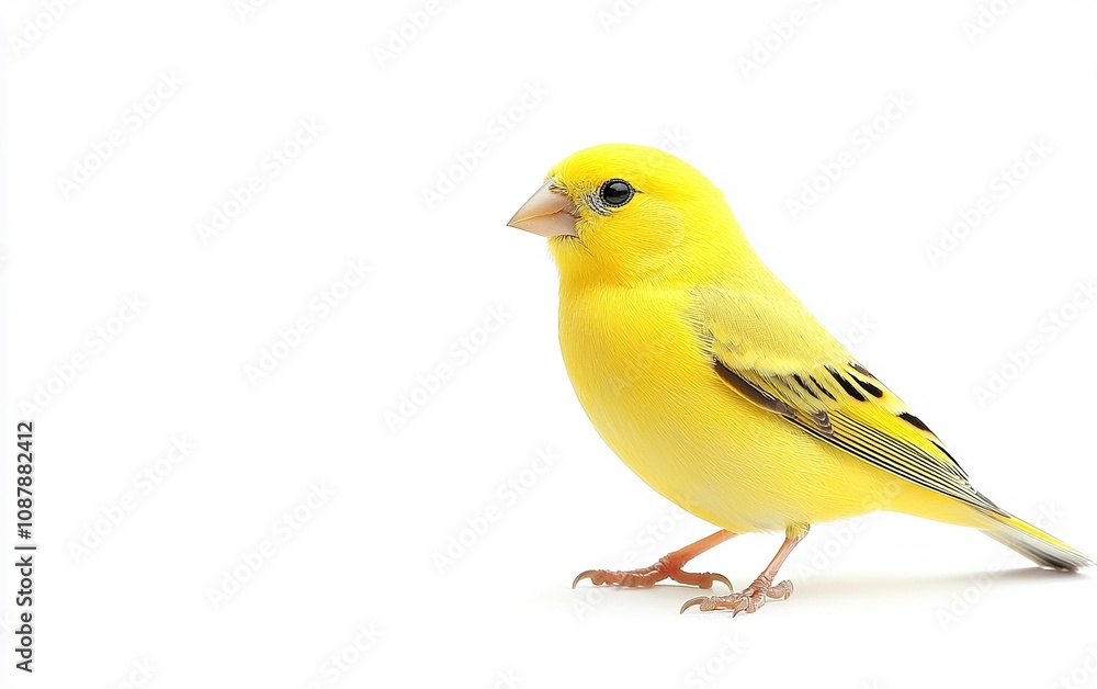 A bright yellow canary standing gracefully against a white background showcasing its vivid colors and delicate features A bright yellow canary standing gracefully against a white background showcasing its vivid colors and delicate features