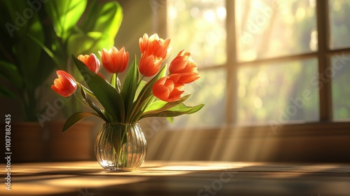 A beautiful vase of orange tulips placed on a wooden table by a sunlit window...