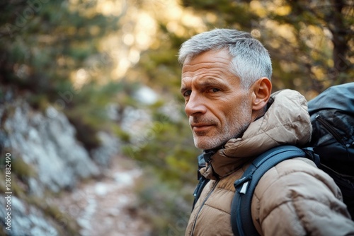 A person hiking on a mountain trail carrying a backpack