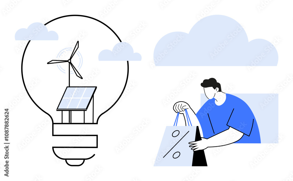 Light bulb with wind turbine and solar panel inside, blue sky with clouds. Person holding shopping bags with discount symbol. Ideal for renewable energy, online shopping, discounts, sustainability Light bulb with wind turbine and solar panel inside, blue sky with clouds. Person holding shopping bags with discount symbol. Ideal for renewable energy, online shopping, discounts, sustainability