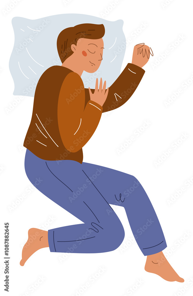 Napping man in bed. Sleeping side human pose Napping man in bed. Sleeping side human pose